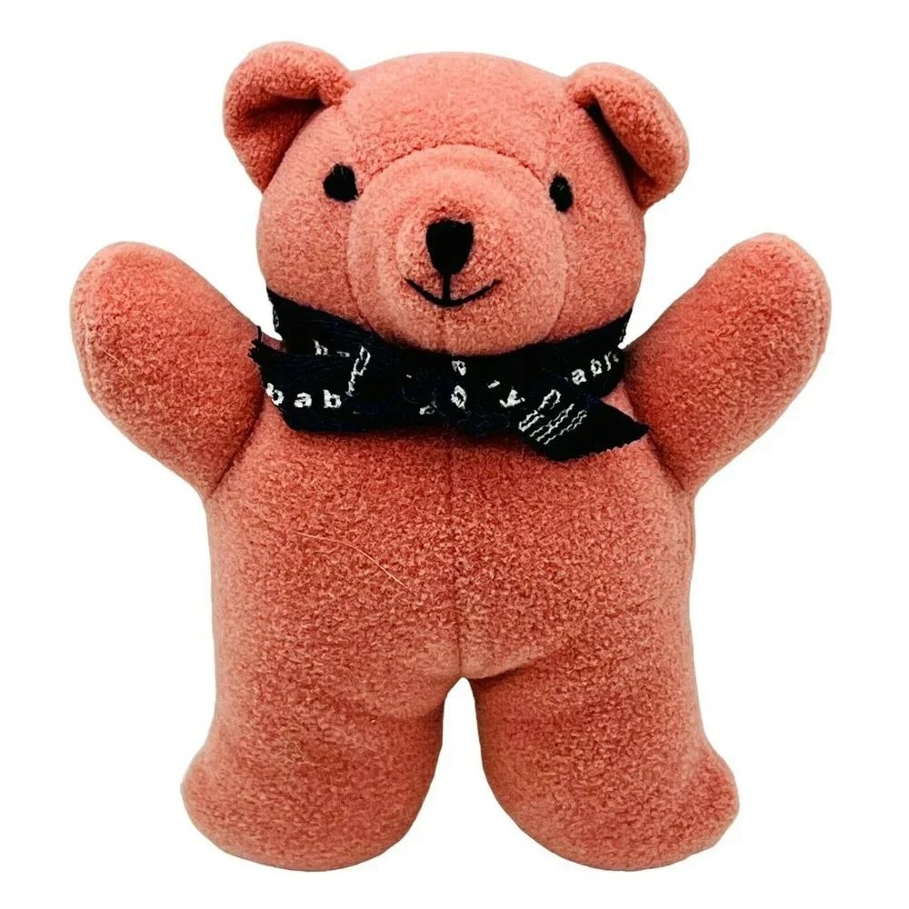 Baby GAP Dark Pink Teddy Bear Plush Rattle Blue Ribbon‎ 6 inch Embroidered Eyes
